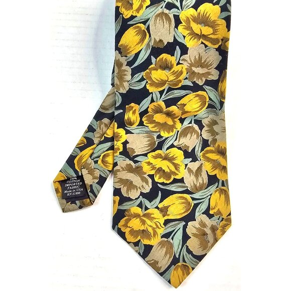 TANGO BY MAX RAAB Mens Floral Tulip Print Navy Yellow Cotton Necktie Made In USA - Picture 1 of 7